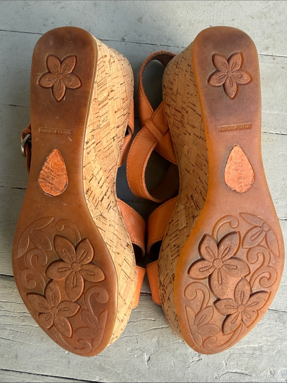 100% Leather Upper EUC Born Orange Leather Cork Wedge Sandals - Picture 5 of 6